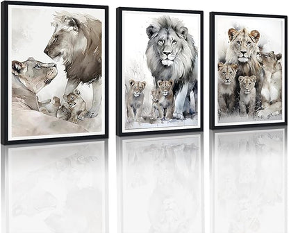 3 Pieces Lion Family Framed Canvas Wall Art Watercolor Safari Lion Picture Wall Decor for Farmhouse Modern Wildlife Animals Print Artwork for Office Nursery Decoration Easy to Hand 16x24inchx3pcs