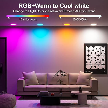 Smart Recessed Lighting 6 Inch RGBCW Color Changing 16W LED Downlights with Junction Box,1350 Lumen Canless Wafer Recessed Ceiling Lights Work with Alexa,Music Sync,DIY Scenes,Timer,23 Modes,4 Pack