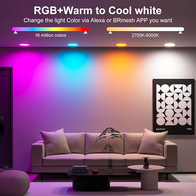 Recessed Lighting 6 Inch RGBCW Color Changing Smart Recessed Ceiling Lights 16W 1350LM LED Downlights Dimmable by Alexa & APP, 2700K-6500K,16 Million Colors - DIY Scenes - Timer - 23 Modes (24 Pack)