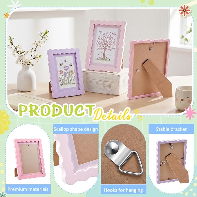 Wonderjune 10 Pack Colorful Scalloped Picture Frames for Girl Room Decor, 3 Sizes 4x6 5x7 6x8, Collage Gallery Wall Frame Set, Cute Curved Picture Frames for Wall or Desktop Display, Photo Walls