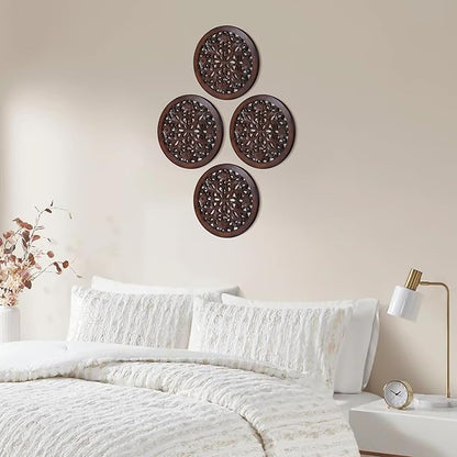Woodify Hand-Carved Wooden Wall Décor – Set of 4, 12" x 12" Decorative Wood Panels, Floral Design, Natural Burnt Finish, Wall Art for Living Room & Home Décor