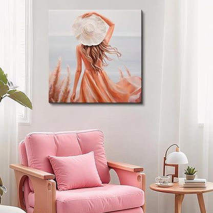 Poemwish Canvas Wall Art, Wall Art for Living Room, Woman in Pink Dress at Beach Bathroom Decor, White Hat Ocean View Scene, Coastal Decor with Reeds