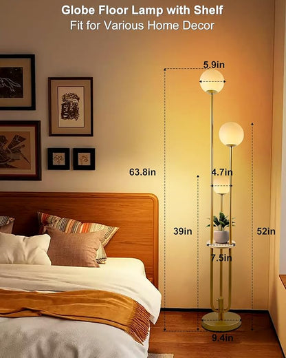 Lightdot 63IN Dimmable Gold Floor Lamp with Shelf Mid Century Standing Lamps with 3000K Bulbs Included Modern Globe Floor Lamp with 5Lbs Heavy Base for Living Room/Party/Sofa Beside/Corner Decor