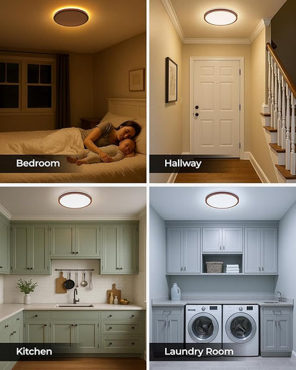 Matane 12inch LED Flush Mount Ceiling Light with Night Light, 2400LM 3000K 4000K 5000K Dimmable Light Fixture, Low Profile Ceiling Light for Bedroom, Living Room, Kitchen, Hallway, Walnut