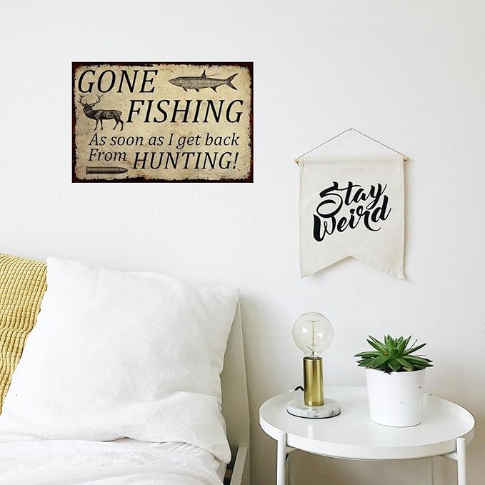 Vintage-Sign Rustic-Poster Wall-Art Hunting-Lovers, Gone Fishing from Hunting, Decor Gift Plaque for Man Cave Home Farm Fence Bathroom Bedroom 8 X 12 Inch