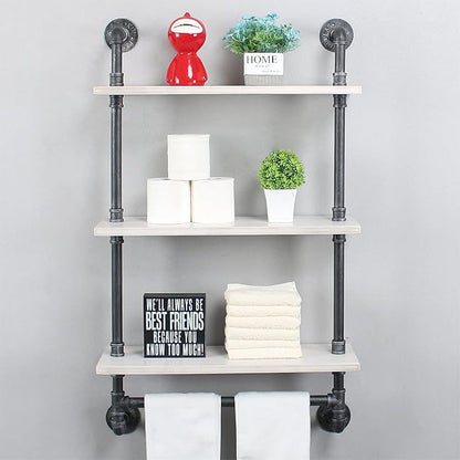 MBQQ Industrial Shelving,Bathroom Shelves with Towel bar,24in Rustic Metal Pipe Floating Shelves Pipe Wall Shelf,3 Tier Industrial Shelf Wall Mounted,Retro White