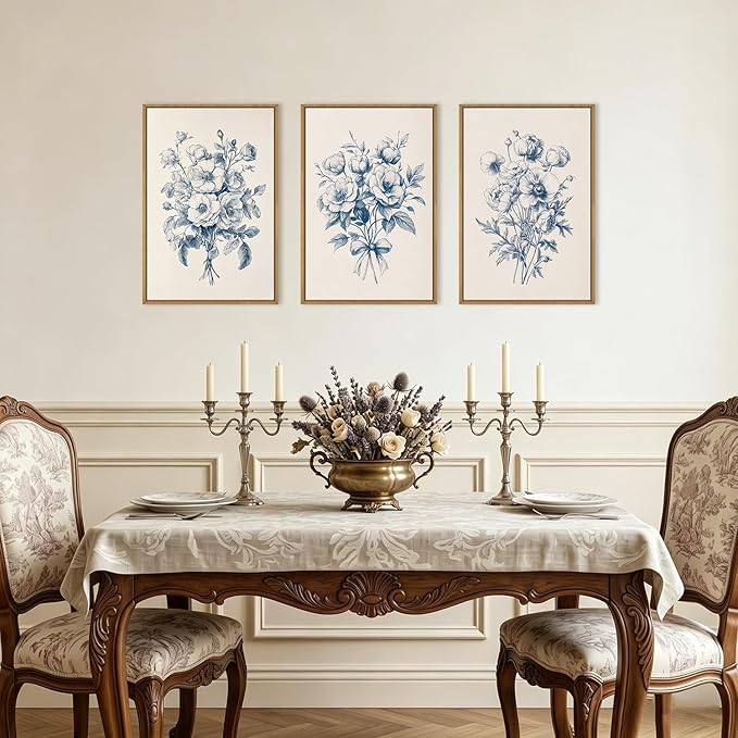 KAIRNE Navy Blue Floral Framed Canvas Wall Art Set,Vintage Botanical Flower Wall Decor,Modern Minimalist Bouquet Art Prints,Neutral Rose Artwork for Living Room,Bedroom,Farmhouse,Office-24 x36 x3