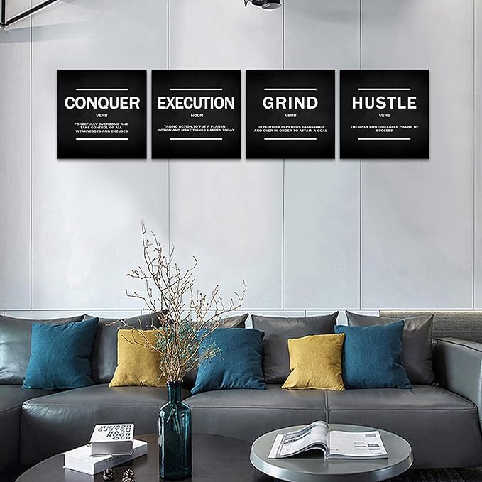 KAWAHONE Grind Hustle Execution Quotes Framed Wall Art,Success Canvas Print Office Decor Inspiring Framed Prints Inspirational Quotes for Wall Art Decoration Ready to Hang(4pcs)