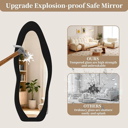 Full Length Mirror, 63"x24" Full Body Mirrors, Flannel Floor Mirrors with Stand, Irregular Wavy Mirror Hanging or Leaning Against Wall for Bedroom Living Room, Black