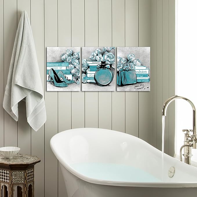LevvArts 3 Piece Fashion Canvas Wall Art Glam High Heels Perfume Bags with Book Poster Art Painting Prints Framed Modern Teal and Grey Home Bathroom Beauty Room Decorations 12x16inchx3pcs