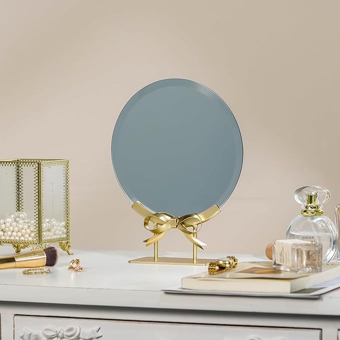 Golden Round Makeup Mirror with Bow Stand - Detachable Base French-Inspired Elegant Tabletop Luxury Vanity Mirror for Living Room, Bedroom, 7.95 x 10.04 Inches