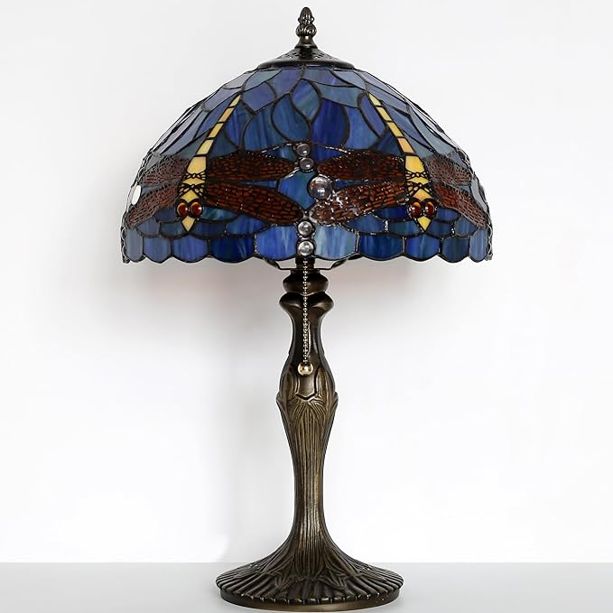 Tiffany Lamp Stained Glass Table Lamp 12 x 19” Bedside Reading Lamp Blue Dragonfly Style Decorative Lamp for Desk Living Room Bedroom Office Study Light Decor Gift