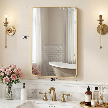 OLIXIS Bathroom Mirror for Over Sink, 38x26 Inch Wall Mount Mirror with Rounded Rectangle and Matte Metal Framed, Modern Wall Vanity Mirror for Home Decor, Living Room, Bedroom, Gold
