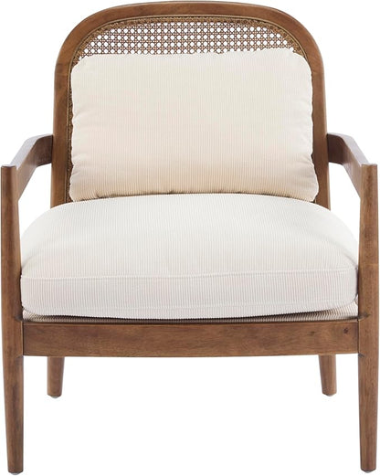 Christopher Knight Home Nadine Wooden Club Chairs Set of 2, Club Chair, Rattan Open Back Armchair, Accent Reading Sofa Chair with Cushions, Accent Chairs Set for Living Room Bedroom, Beige Stripe