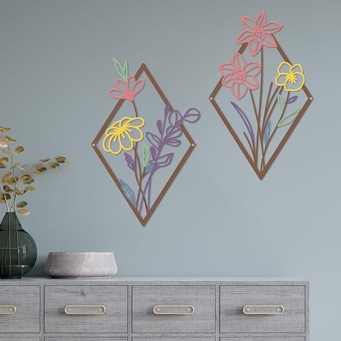 ShxTrade 3 Pcs Metal Flowers Wall Arts, Rustic Farmhouse Decor Minimalist Flower Wall Decors Natural Themed Home Decorations for Bathroom Kitchen Living Room Bedroom (Purple)