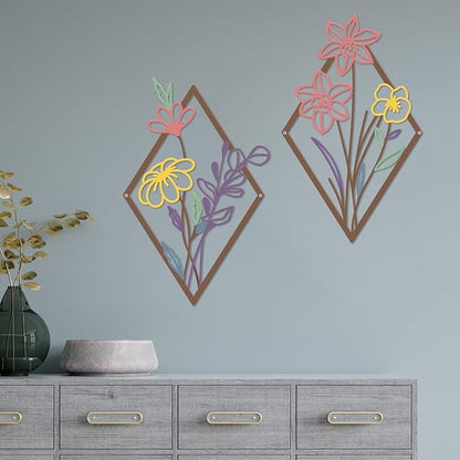 ShxTrade 3 Pcs Metal Flowers Wall Arts, Rustic Farmhouse Decor Minimalist Flower Wall Decors Natural Themed Home Decorations for Bathroom Kitchen Living Room Bedroom (Purple)