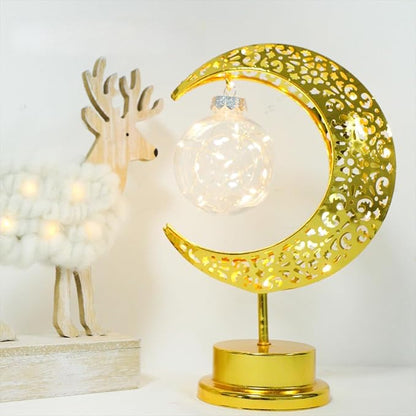 Crescent Moon Table Light with Hanging Star Ramadan Decorative Lamp Battery Operated Suitable for Home Bedroom Shop Dining Holiday Party Eid Festival Decoration (Gmoon-WW-Ball)