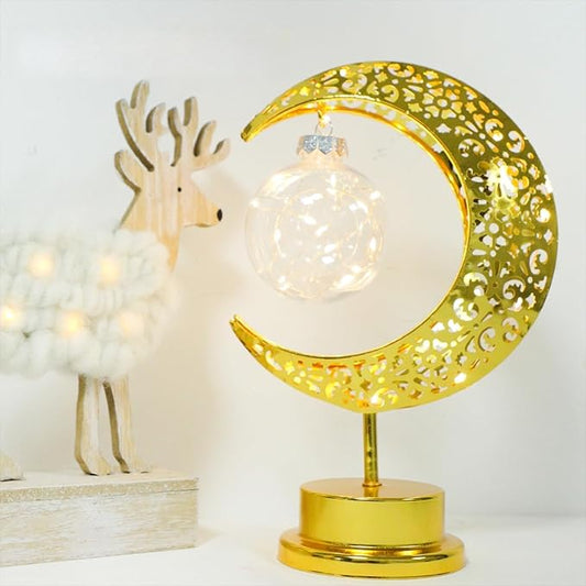 Crescent Moon Table Light with Hanging Star Ramadan Decorative Lamp Battery Operated Suitable for Home Bedroom Shop Dining Holiday Party Eid Festival Decoration (Gmoon-WW-Ball)