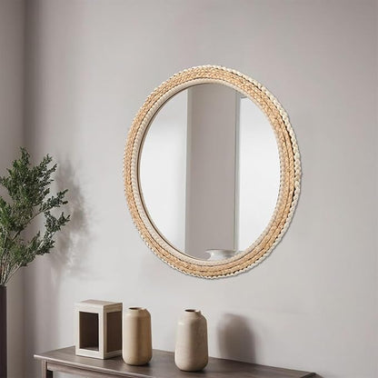 FUIN 24" Rattan and Wood Round Mirror for Boho Bathroom, Entryway, Living Room Decor