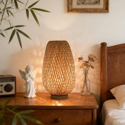 ARTZONE Rattan Lamp, Vintage Boho Lamp for Bedside, Handmade Mini Bamboo Table Lamp for Entrance Bedroom Living Room Office and Home Decor