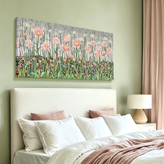 Large Pink Green And White Plant Wall Art For The Living Room， Natural Landscape Wildflower Canvas Print Picture， Modern Country Style Artwork For Living Rooms, Bedrooms, Kitchens, Dining Rooms, And Hallways. 48X24 Inches.