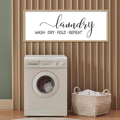 Laundry Room Wall Decor Sign 32"×12" Bathroom Laundry Rules Wash Dry Fold Repeat Large Wood Framed Wall Hanging Art (Wood)