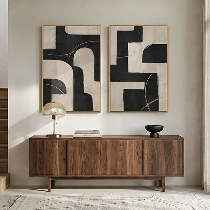 Large Framed Modern Neutral Abstract Wall Art, Set of 2 Minimalist Black and Beige Canvas Prints Paintings Artwork for Walls, Geometric Pictures for Living Room Hallway Bedroom Wall Decor 24x36 In