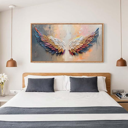 Aurlan Angel Wings Framed Wall Decor(40"x20"), Large Abstract Colorful Feather Oil Painting Canvas Artwork, Modern Contemporary Inspirational Wall Art for Living Room Bedroom