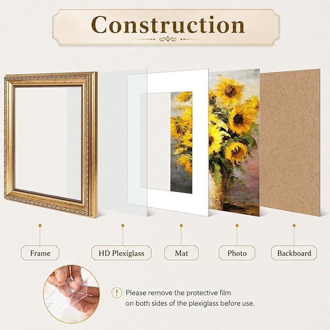 JCJMY 8x10 Vintage Picture Frame with 5x7 Mat Set of 2, Elegant Retro 8 by 10 Photo Frame with Shatter-Resistant Plexiglass for Wall or Tabletop Display, Gallery Decor & Gift, Gold, 2 Pack