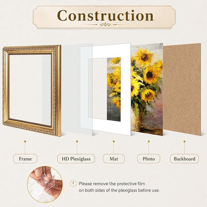 JCJMY 8x10 Vintage Picture Frame with 5x7 Mat Set of 2, Elegant Retro 8 by 10 Photo Frame with Shatter-Resistant Plexiglass for Wall or Tabletop Display, Gallery Decor & Gift, Gold, 2 Pack