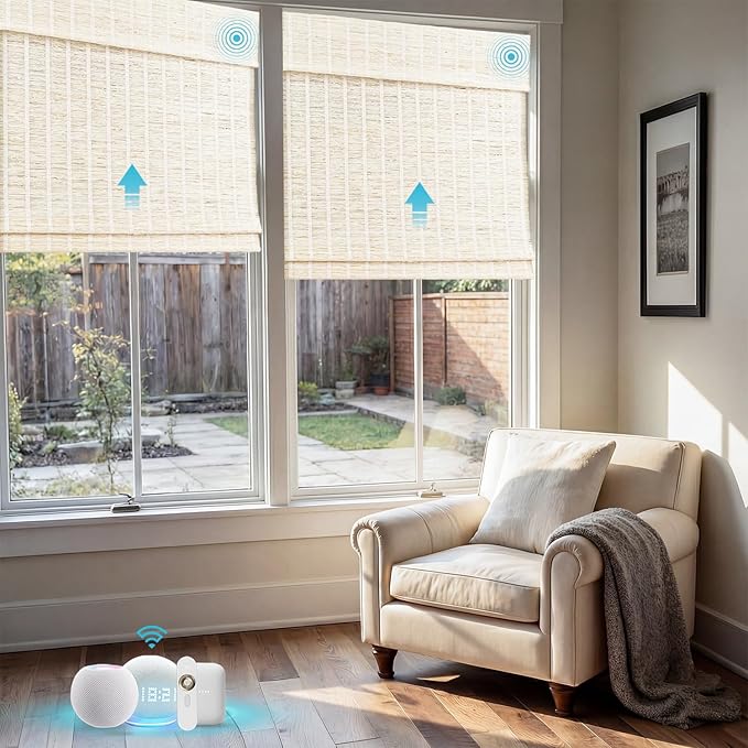 Motorized Bamboo Roman Shades, Motorized Blinds with Remote Compatible with Homekit, Alexa GoogleHome, Smart Wood Woven Shades for Indoor Windows, Customize, Shoregrass
