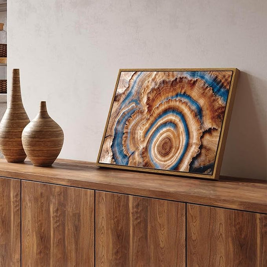 BingruiArt Framed Tree Ring Canvas Wall Art Abstract Wood Wall Decor Boho Modern Colorful Nature Painting Wood Stump Prints Pictures for Living Room Bedroom Bathroom Office 12"x16" Natural Framed(10)