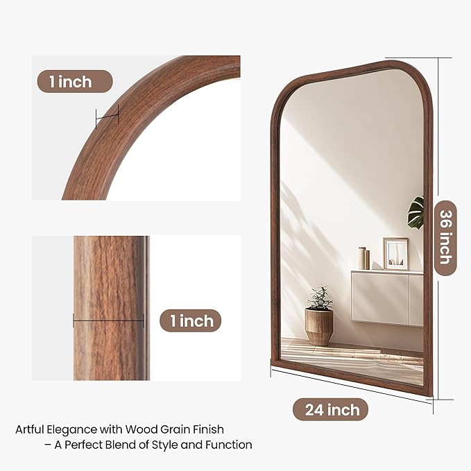 24"x36" Arch Wall Mirror Bathroom Mirror for Wall Mounted, Tempered Glass, Wood Grain Finish Frame Wall Mirror Decorative for Living Room Bedroom Entryway, Walnut