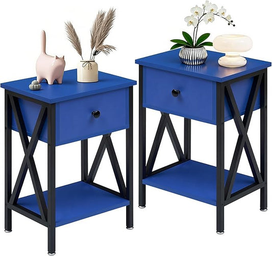VECELO Nightstands, Modern Bedside End Tables Set of 2, Night Stand with Drawer and Storage Shelf for Living Room Bedroom, Industrial Metal Frame