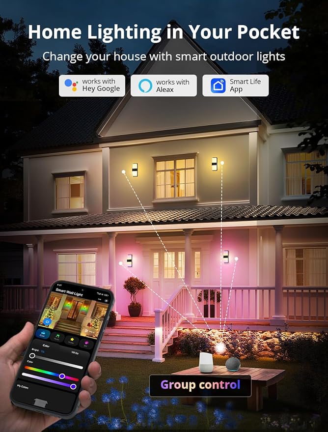 Smart Outdoor Wall Lights, 1500LM RGB+IC+Warm/Cool White Porch Light, 44 Scene Modes, IP65 Waterproof Wall Sconce for Halloween Christmas Decor, Works with Alexa, Google Assistant 2 Pack