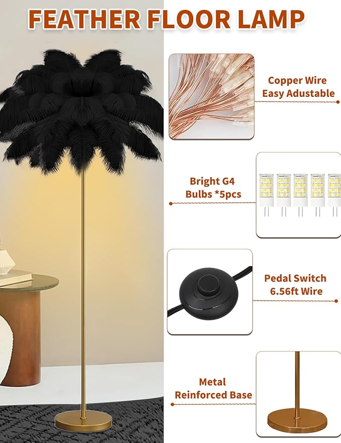 Feather Floor Lamp,Fluffy Ostrich Feather Floor Lamp for Bedroom,3 Color Temperatures Led Corner Modern Floor Lamps for Living Room Christmas Home Decor House Warming Gifts,63″ Height (Black)