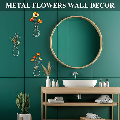 Fanjashn 3 Pcs Metal Flowers Wall Decor, Minimalist Floral Wall Art Decor for Bathroom, Living Room, Bedroom, Kitchen and Dining Room