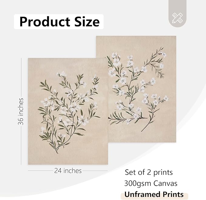Vintage Botanical Wall Art Neutral Floral Prints Farmhouse Flower Canvas Wall Decor Watercolor Wildflower Pictures Nature Minimalist Artwork for Living Room Bedroom 24x36 Inch Unframed Set of 2