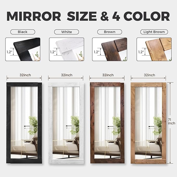 Full Length Mirror 71"x32" – Solid Wood Frame, HD Tempered Glass, Wall Mounted & Leaning, Rustic Modern Decor for Bedroom, Living Room, Entryway, Brown