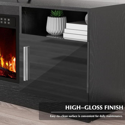LEMBERI Fireplace tv Stand with 36 inch Fireplace Up to 80" TVs,LED Light Entertainment Center and Storage, 70" Modern Wood Media TV Console with Highlight Cabinet for Living Room (Black)