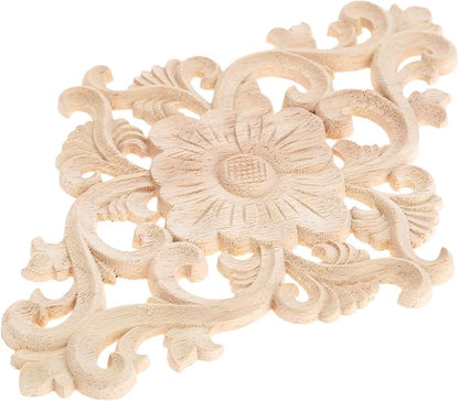 Wood Carved Appliques, 2Pcs Wooden Decorative Onlays, MUXSAM Unpainted Furniture Center Decals for Cabinet Dresser Bed Door Wall Wardrobe Ceiling Decoration Home DIY Project, 21x15cm/8.27"x5.9"