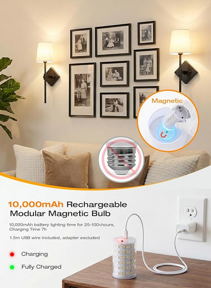 CLOUDY BAY 10000mAh Battery Operated Wall Sconces,Up to 100 Hours with Rechargeable RGB Dimmable Magnetic Bulb,Cordless Wall Lighting Fixtures with Remote for Bedroom,Black,2 Pack-18in