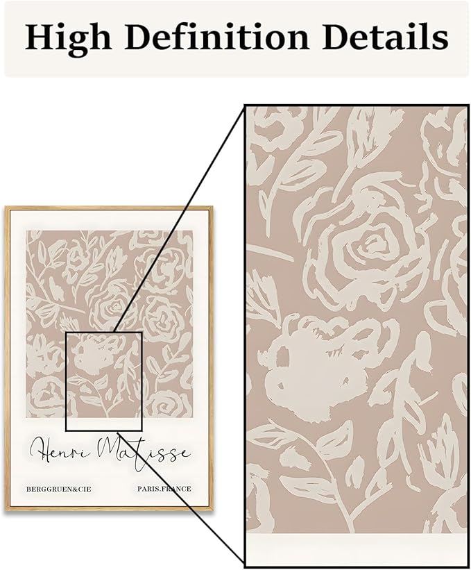 Zzuyi Framed Matisse Neutral Wall Art,Beige Abstract Floral Matisse Canvas Wall Decor,Abstract Modern Minimalist Prints for Bathroom, Living Room, Dining Room 12x16in