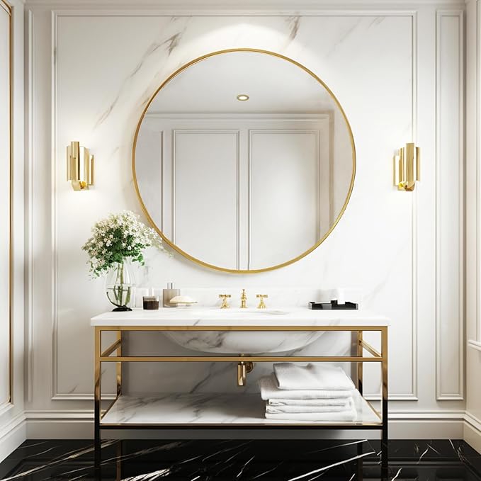 Sunniry Gold Round Mirror 30 inch, Large Circle Mirror, Round Wall Mirror Brushed Metal Frame, Gold Circle Mirrors for Wall, Bathroom, Living Room, Hallway.