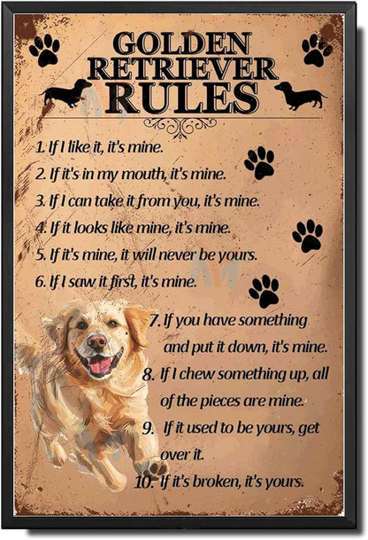 Metal Sign Tin Sign Vintage Wall Art Golden Retriever Rules Garden Sign for Room 6×8 Inches with Metal Frame