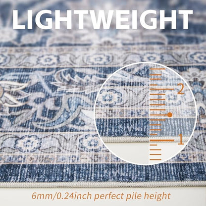 5x7 Area Rugs Grey and Blue Washable Rug for Living Room, Dining Room, Bedroom, Large Carpets, Non Slip & Non-Shedding Low Pile Vintage Print Rug for Home Office Decor