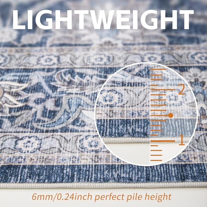 4x6 Area Rugs Grey and Blue Washable Rug for Living Room, Dining Room, Bedroom, Large Carpets, Non Slip & Non-Shedding Low Pile Vintage Print Rug for Home Office Decor
