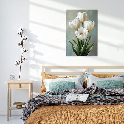 White and Green Tulips Flowers Canvas Wall Art Modern Floral Paintings Botanical Pictures Wall Decor Poster Print Artwork for Bathroom Living Room Bedroom Home Decoration Framed