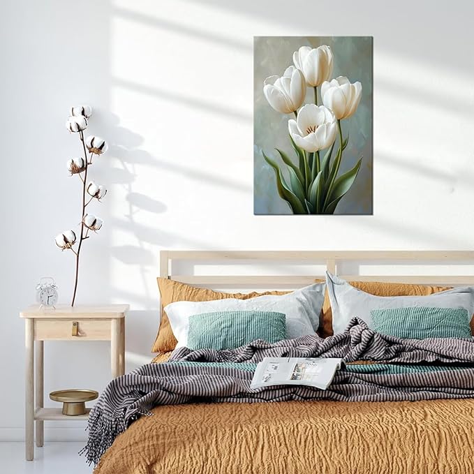 White Tulips Wall Art Flowers Pictures Modern Floral Paintings Botanical Canvas Wall Decor Poster Print Artwork for Bathroom Living Room Bedroom Home Decoration Framed