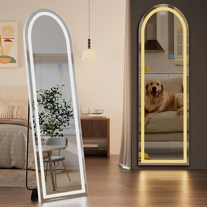 Koonmi LED Arched Full Length Mirror, 63"x20" Full Length Mirror with Lights, Lighted Floor Mirrors with Stand, Full Body Mirrors with Dimming & 3 Color Lightingfor Living Room Cloakroom, White
